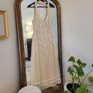 Vintage Boho Bridal Sheer Floral Embroidered Lace Maxi Dress